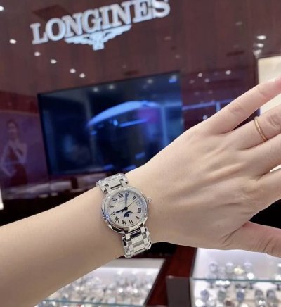 Longines浪琴 心月系列 石英机芯 日期显示 月相 罗马时标 女表 瑞表 34Mm 银色表盘 精钢表壳 精钢表带
