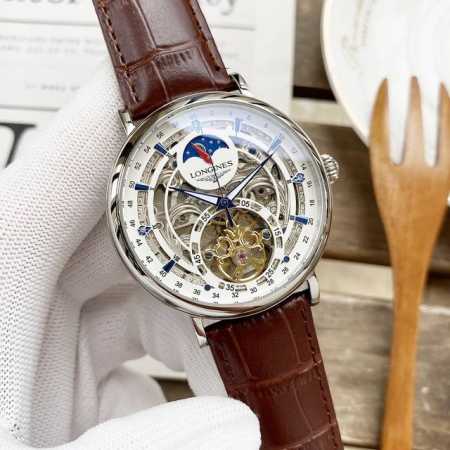 皮带 钢带 白金同价 浪琴 Longines 精品男士腕表，三针半全镂空飞轮月像设计，尊贵大气，绅士风范，卓越品质，热卖全城。采用全自动机械机芯，顶级316精钢 - 点击图像关闭