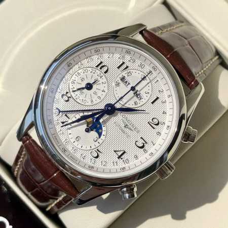 1630浪琴Longines原版开模，名匠系列月相多功能男士腕表，集星期、日期、月份及24小时显示，30分钟计时功能，采用316L精钢材质，银色与黑色麦粒纹饰及 - 点击图像关闭