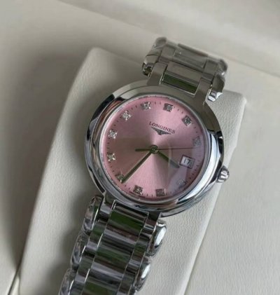 Longines浪琴 心月系列 石英机芯 30米防水 女表 瑞表 30Mm 粉色表盘 精钢精钢表壳 精钢精钢表带