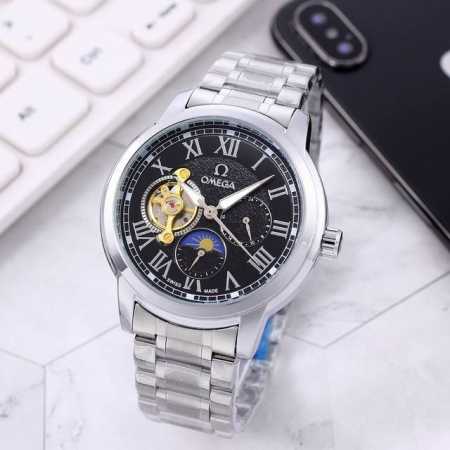 【精钢表带十蝴蝶扣】白：P180，间金、全黑同价：P180，欧米茄一Omega[色]九飞轮全自动日月星辰机械，6字位白天走时(太阳)[太阳]晚上走时(月亮)[月 - 点击图像关闭