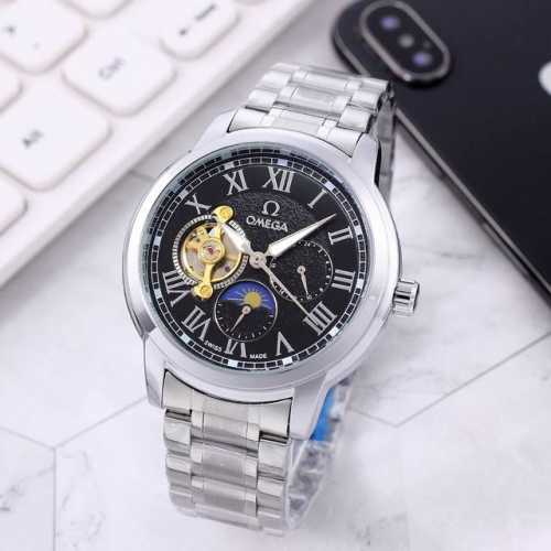 【精钢表带十蝴蝶扣】白：P180，间金、全黑同价：P180，欧米茄一Omega[色]九飞轮全自动日月星辰机械，6字位白天走时(太阳)[太阳]晚上走时(月亮)[月