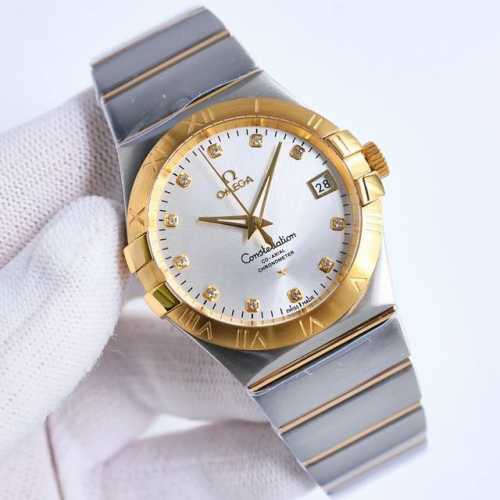 Sj出品 白钢 间金 钻50 欧米茄 Omega 星座系列 38Mm Gr2 市场最高版本 对版黑色风车状摆轮 38毫米欧米茄第四代星座系列男土腕表将星座系列