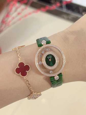 白 .玫 萧邦-Chopard 新增最新绿表盘 Happy Diamonds系列，快乐钻椭圆形腕表 蓝宝石玻璃镜面 原厂瑞士石英机芯 镜面内7颗快乐钻自由转动 - 点击图像关闭