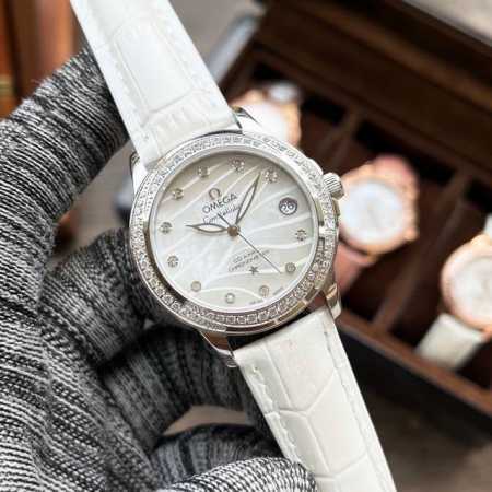 皮带款 白壳 玫壳 陶瓷带 白壳 玫壳 欧米茄－Omega 新款女装石英腕表 进口石英3针机芯 316L精钢镶钻表壳 蓝宝石玻璃镜面 真牛皮表带 陶瓷间精钢 直 - 点击图像关闭