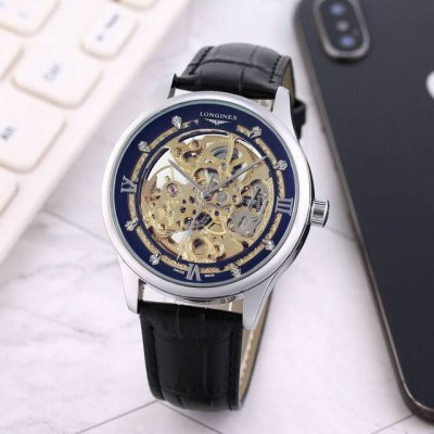 真皮表带十双按蝴蝶扣 白： ，间金： ，浪琴 Longines，全自动雕花机芯，蕴含最优质的材料与一丝不苟的工艺！超强矿物质幻彩玻璃，真空电镀，精密防水，直径：