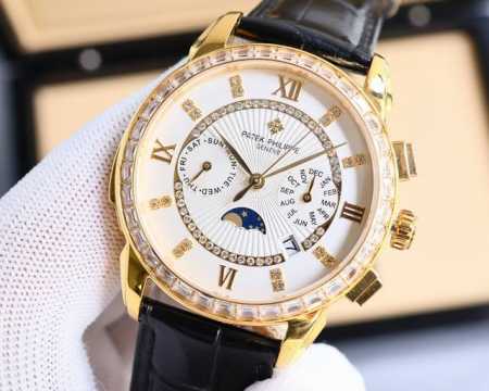 白 -金 百达翡丽复杂功能计时系列上市 Patek Philippe 贵族的艺术品！搭配进口9100多功能机芯 0返修 功能 24小时,星期，星辰，月份 进口3 - 点击图像关闭