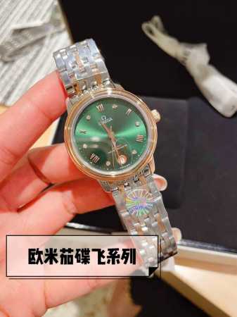 玫金 欧米茄精美绝伦的蝶飞典雅系列女款，完美诠释了精雅与华美采用316精钢，质感一流字面采用深海彩贝，美得无与伦比 石英机芯，质量保证指针采用批P花工艺，双面真 - 点击图像关闭