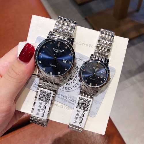 七夕情人节送礼首选。 经典蓝色浪琴-Longines 经情典侣对表，拱形蓝光玻镜璃面，316精钢表带，原装蝶蝴扣。搭载口进石英机芯，尺寸：男39mm 女29mm