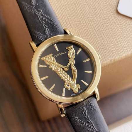 原盒50 范思哲versace型号vehc00119 表径36Mm 表盘立体式v字logo蓝宝石玻璃镜面，50米生活防水，小牛皮表带立体印花。全套包装。 - 点击图像关闭