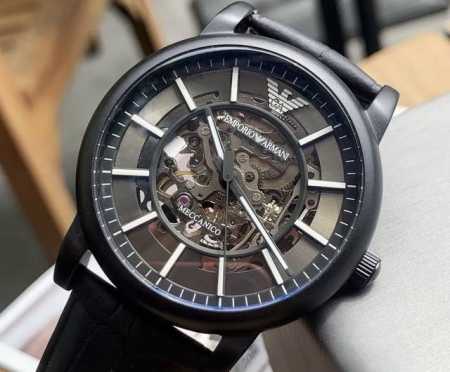 Emporio Armani阿玛尼 黑武士系列 机械之心 腕表 自动机械机芯 皮革表带 黑色表盘 男表 - 点击图像关闭