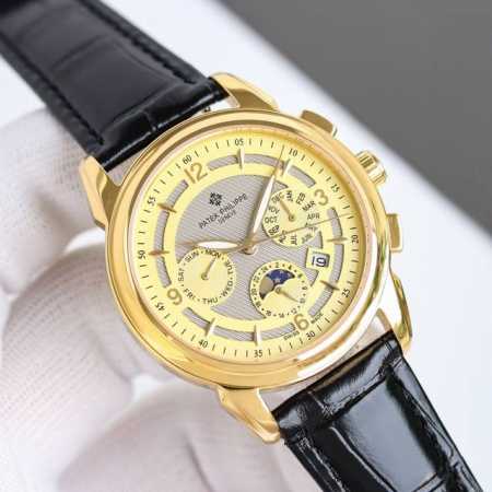 新款上市百达翡丽 实拍图 Patek Philippe 贵族的艺术品！搭配进口9100动能多功能7针机芯 0返修 ①功能 动能，24小时,星期，星辰，月份 月亮 - 点击图像关闭