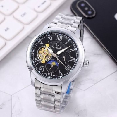 【精钢表带十蝴蝶扣】白：P180，间金、全黑同价：P180，欧米茄一Omega[色]九飞轮全自动日月星辰机械，6字位白天走时(太阳)[太阳]晚上走时(月亮)[月