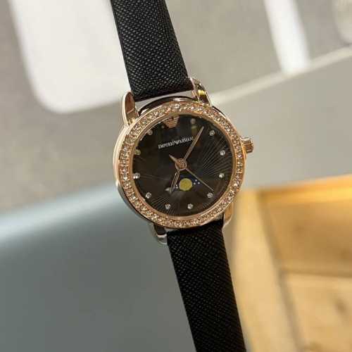 阿玛尼女表璀璨奢美深邃雅致气质内敛 精致表冠蝴蝶扣 钻刻度点缀表盘 别致便携式小牛皮高硬矿物质水晶玻璃镜面 进口石英女表30Mm新款比满天星有特点～不会烂大街的