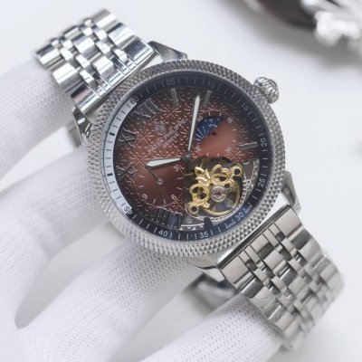尊享价： 品牌：百达翡丽-Patek Philippe类型：男士腕表壳套：顶级版316精钢L表带：进口小牛皮 316精钢表带机芯：全自动进口机械机芯镜面：矿物质