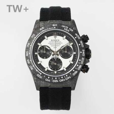 Tw+厂 Rolex宇宙计时迪通拿系列之碳纤维定制版，腕表不仅佩戴轻便，外表坚硬。且每一只腕表都拥有独一无二的碳纤花纹材质。 表壳 腕表尺寸40X12.4吻合原 - 点击图像关闭
