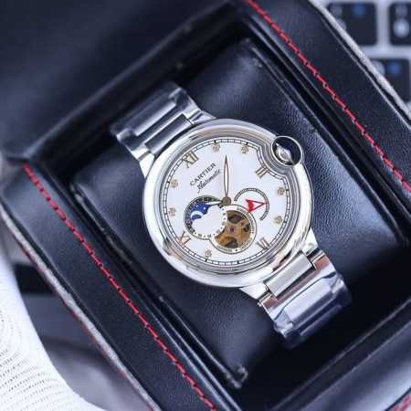 皮 钢带 金白同价 卡地亚 Cartier 蓝气球系列，精品男士腕表，劲爆镂空设计，精雕细琢，技艺精湛，尊贵大气，绅士风范。采用进口西铁城机械机芯 零返修 ，顶 - 点击图像关闭