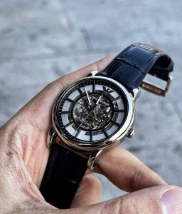 Emporio Armani阿玛尼 机械系列 腕表 机械机芯 皮革表带 银色表盘 男表 熊猫配色简约镂空