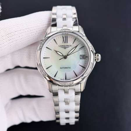品牌：浪琴-Longines 款式：新款女装机械腕表 机芯：进口西铁城8215机械机芯 镜面：蓝宝石玻璃镜面 表带：真牛皮表带 陶瓷表带 尺寸32Mm♀♀♀ - 点击图像关闭