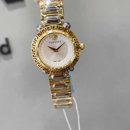 白壳 金 新款 范思哲 Versace Greca Twist 系列，表径35Mm，浮雕艺术、层次空间，希腊回纹布满顶圈和表圈内圈，浮雕设计突显镂空视觉，仿佛步 - 点击图像关闭