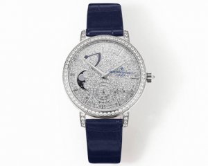 Tw出品白 金 全钻100 Tw Factory江诗丹顿传袭系列月相腕表搭配直径36毫米gv1 圆形白金表壳，表圈、表耳和表冠镶嵌了总重约1.2克拉的81颗美钻