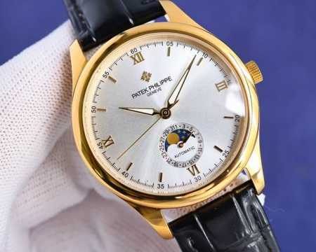 经典呈现 白 金 爆款升级 百达翡丽patek Philippe男士腕表．腕表月相系列,秉持了百达翡丽的一贯传统，更唯美的结合了6字位日历与被表友热捧的日月星相 - 点击图像关闭