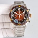 新款首发］：浪琴表先行者推出全“新字面”飞返计时腕表！ 1直径42毫米，双向旋转 搭配绿色、咖啡色，黑色和蓝色陶瓷哑光礳吵圈口，阿拉伯数字夜光隔着黑色小孔，同步