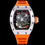 Richard Mille 理查米尔 Rm055 精钢材质表壳，精钢材质的图形产生独特的视觉效果，且拥有卓越的物理性能-耐磨抗碰撞超轻盈；腕表无表盘设计，镂空机