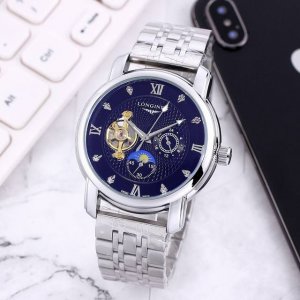 精钢表带十蝴蝶扣 白： ，间金、全黑同价： ，全玫： ，浪琴一Longines九飞轮全自动日月星辰机械，6字位白天走时 太阳 晚上走时 月亮 [月亮]蕴含最优质