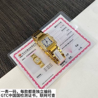 最新第2代Tank Francaise法国坦克真钻女士腕表！表壳镶嵌22颗2.1超大钻石 约0.7克拉，配国检机构检测证书！一物一证一表一码。表盘尺寸小号25.