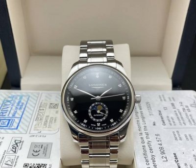 Longines 浪琴 名匠系列 L2.909.4.57.6，自动机械男表，新款镂空机械，四针月相，黑盘钻刻，月相显示，表径40Mm，腕周180Mm， 年大全套