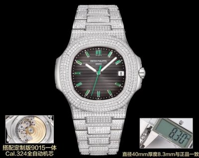 E7 Factory 重磅推出百达翡丽 5711系列奢华镶满钻限量版鹦鹉螺，钢表之王，全网最佳解毒方案！细节方面： 1搭配定制版9015一体Cal.324全自动