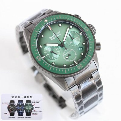 Tw出品 市场唯一对版。 DDD 毒物 宝珀五十噚系列5200-0153-B52A深潜器飞返计时码表问世了，低调中彰显不凡，采用进口泛蓝光蓝宝石玻璃，刀刮不留痕