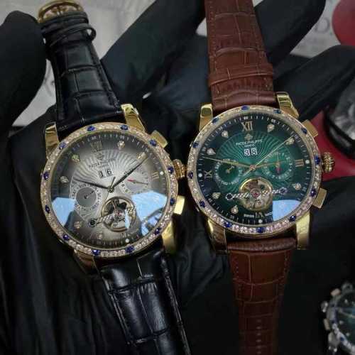 品牌: 百达翡丽 飞轮新品，商务休闲 奢华大气类型：精品男士腕表 新品 表带：真牛皮表带 舒适 316L精钢表带 耐用 机芯:高级机械机芯 稳定 材料：矿物质防