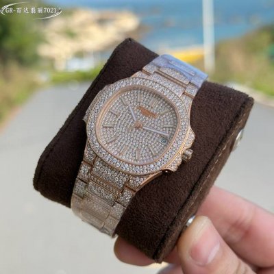 5460Gr-重金打造经典时计 百达翡丽7021女士鹦鹉螺 满钻限量款 少量到货 限量供应 全身采用八心八箭天然奥宝水钻 赠送价值 旅行便捷定制手表表盒 腕表: