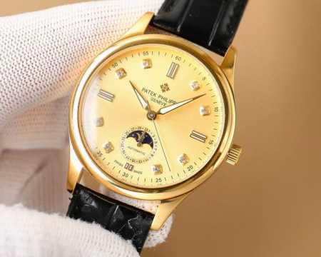 白 -金 。 再次升级 百达翡丽Patek Philippe男士腕表．腕表月相系列,秉持了百达翡丽的一贯传统，更唯美的结合了6字位日历与被表友热捧的日月星相，无 - 点击图像关闭
