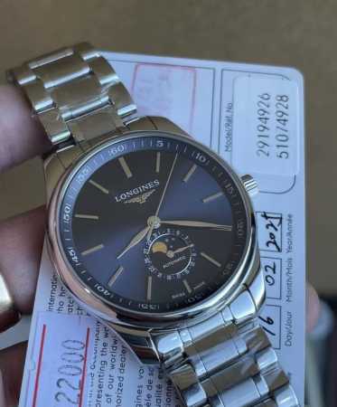 浪琴名匠系列最新款日月星辰 四针月相名匠系列机械全自动男表 42毫米超大号表盘 海蓝色太阳纹盘面 镀银柳叶指针刻度 6点位日历显示+月相显示 蓝宝石镜面 搭载浪 - 点击图像关闭