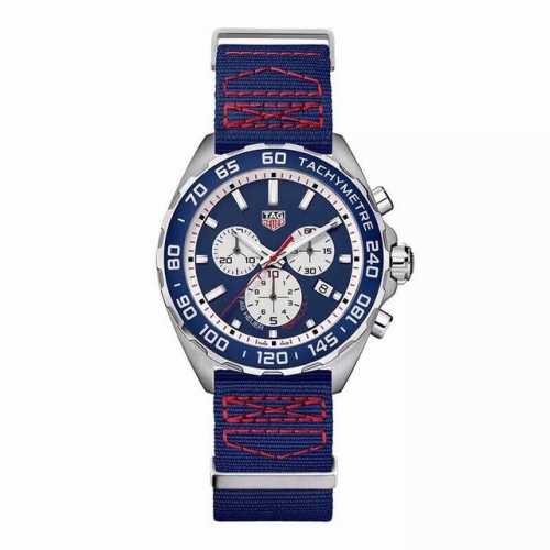 新款到！ 。Original Tagheuer 泰格豪雅F1系列，F1红牛队限量版，石英男士腕表 原单货！六针计时带日历！瑞士原装机芯！精钢表带表壳，蓝色尼龙带
