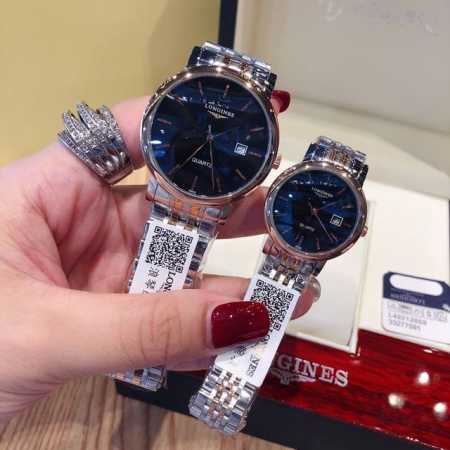白壳 ，间枚 浪琴-Longines 经情典侣对表，拱形蓝光玻镜璃面，316精钢表带，原装蝶蝴扣。搭载口进石英机芯，尺寸：男39Mm 女29Mm，厚度12Mm， - 点击图像关闭