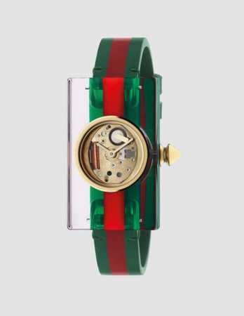 原盒:30。新款，Original Gucci,Wingtage Web系列，古驰彰显个性的最佳代表作。～24 40Mm矩形有机透明胶壳，原装瑞士石英机芯，蓝宝 - 点击图像关闭
