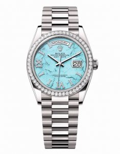 Rolex 劳力士 绿松石限量款星期日历型蚝式恒动机械腕表40Mm。劳力士绿松石镶钻双历日志手表。劳力士蚝式恒动星期日历型40腕表绿松石盘面。搭配镶钻绿松石表盘