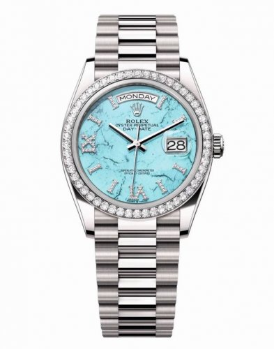 Rolex 劳力士 绿松石限量款星期日历型蚝式恒动机械腕表40Mm。劳力士绿松石镶钻双历日志手表。劳力士蚝式恒动星期日历型40腕表绿松石盘面。搭配镶钻绿松石表盘
