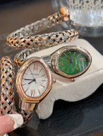 宝格丽腕表以匠心创意玩转时间千变万化，诠释非凡时尚魅力，各色表面。可当饰品佩戴，腕表如同不断变化色彩的灵蛇，这款时尚前卫，令人爱不释手的蛇形腕表，采用双环绕式展