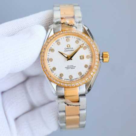 白钢 金 带钻加50 新款欧米茄海马女款，原装1比1，采用女款8520同轴机械机芯细节质量各方面更加完美，316精钢表壳表链，圆弧形双面防反光耐磨损蓝宝石水晶镜 - 点击图像关闭