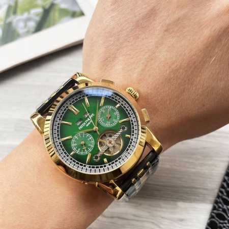 复杂时计 奢华大气 经典新品 震撼上市 最新 ：百达翡丽 多功能精品 大飞轮设计 类型 ：精品男士腕表 表带 ：真牛皮表带 机芯 ：高端全自动机械机芯 镜面 ： - 点击图像关闭