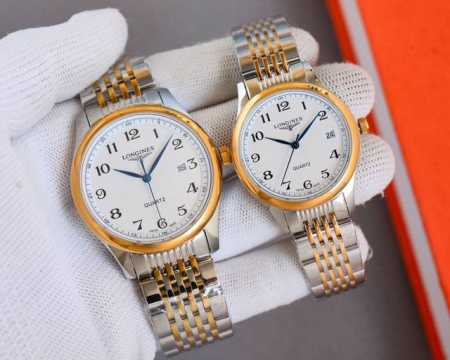 金10 品牌：浪琴-Longines精致情侣腕表，简约三针搭配3字位单日历设计，316精钢表壳，尺寸：男40Mm女30Mm厚12Mm，顶级316精钢钢带，装配原 - 点击图像关闭