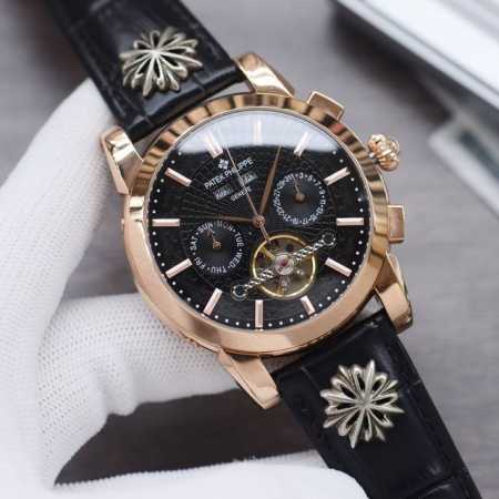 统一价 上图高让利 品牌：百达翡丽-Patek Philippe 系列：新品男士飞轮腕表 机芯：搭载全自动机械 材质：316精钢表壳 头层真牛皮克罗星表带 尺寸 - 点击图像关闭