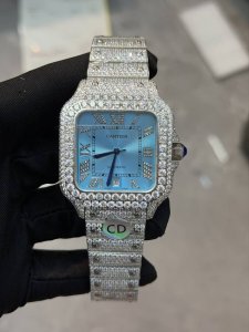 独家实拍图 卡地亚山度士系列 瑞士机芯，满天星系列，冰蓝面 Cartier Swiss Movement Automatic Mechanical Watch