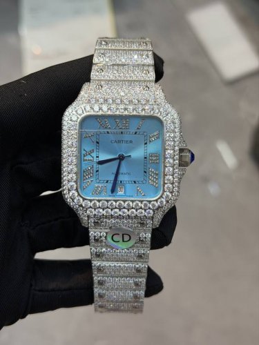 独家实拍图 卡地亚山度士系列 瑞士机芯，满天星系列，冰蓝面 Cartier Swiss Movement Automatic Mechanical Watch