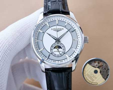 白壳 ，玫瑰金 ，钢带+20。经典复古 全新升级浪琴-Longines 男士腕表 全自动机械机芯 矿物强化玻璃 316L精钢表壳 真皮表带 简约时尚 商务休闲 - 点击图像关闭